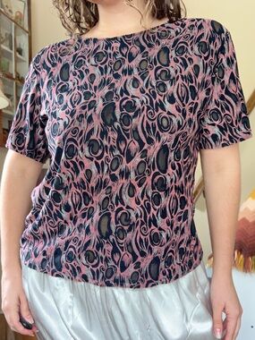 Vintage 90s Sheer Mesh Cutout Top Black Pink Abstract Baby tee Size XL